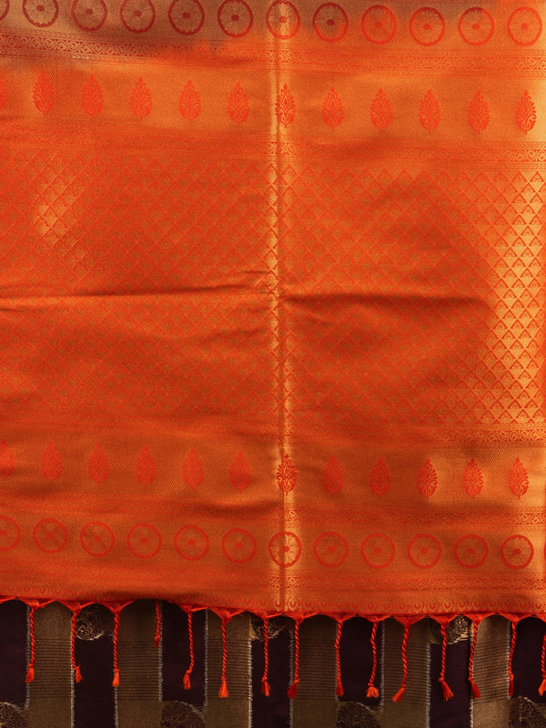 Brown and orange Kanchipuram Fancy Silk saree with gold zari checks and contrast border