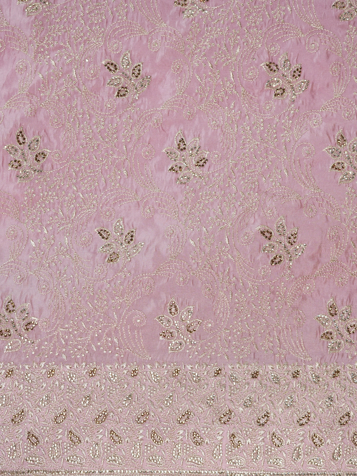 Dusty pink designer saree with all-over silver floral and paisley embroidery and an ornate border