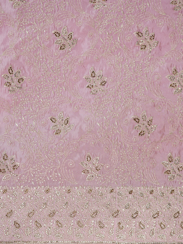 Dusty pink designer saree with all-over silver floral and paisley embroidery and an ornate border