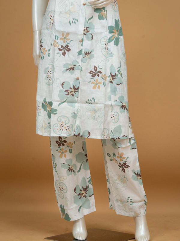 White floral printed cotton co-ord set with sleeveless collared kurti and matching straight pants