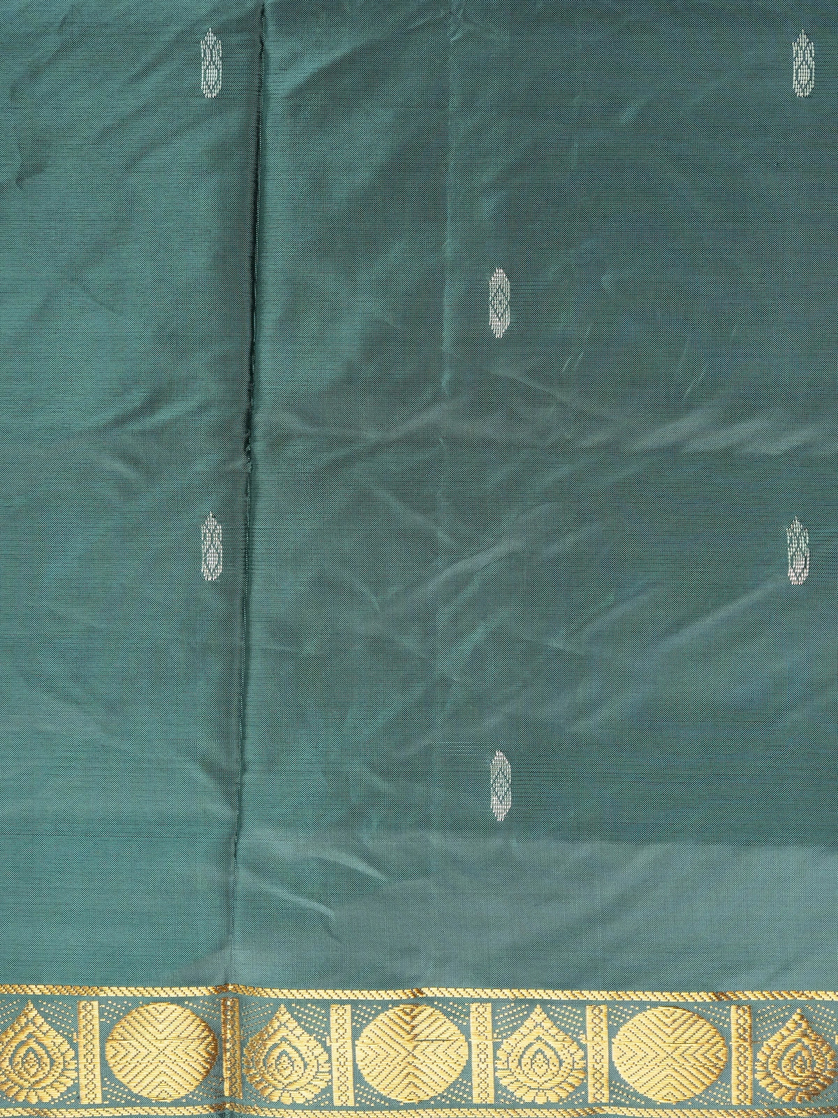 Bottle green banana silk saree with gold zari border and contrast cream striped pallu