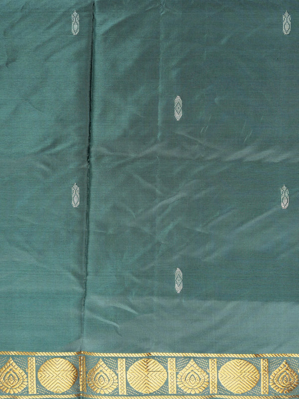 Bottle green banana silk saree with gold zari border and contrast cream striped pallu