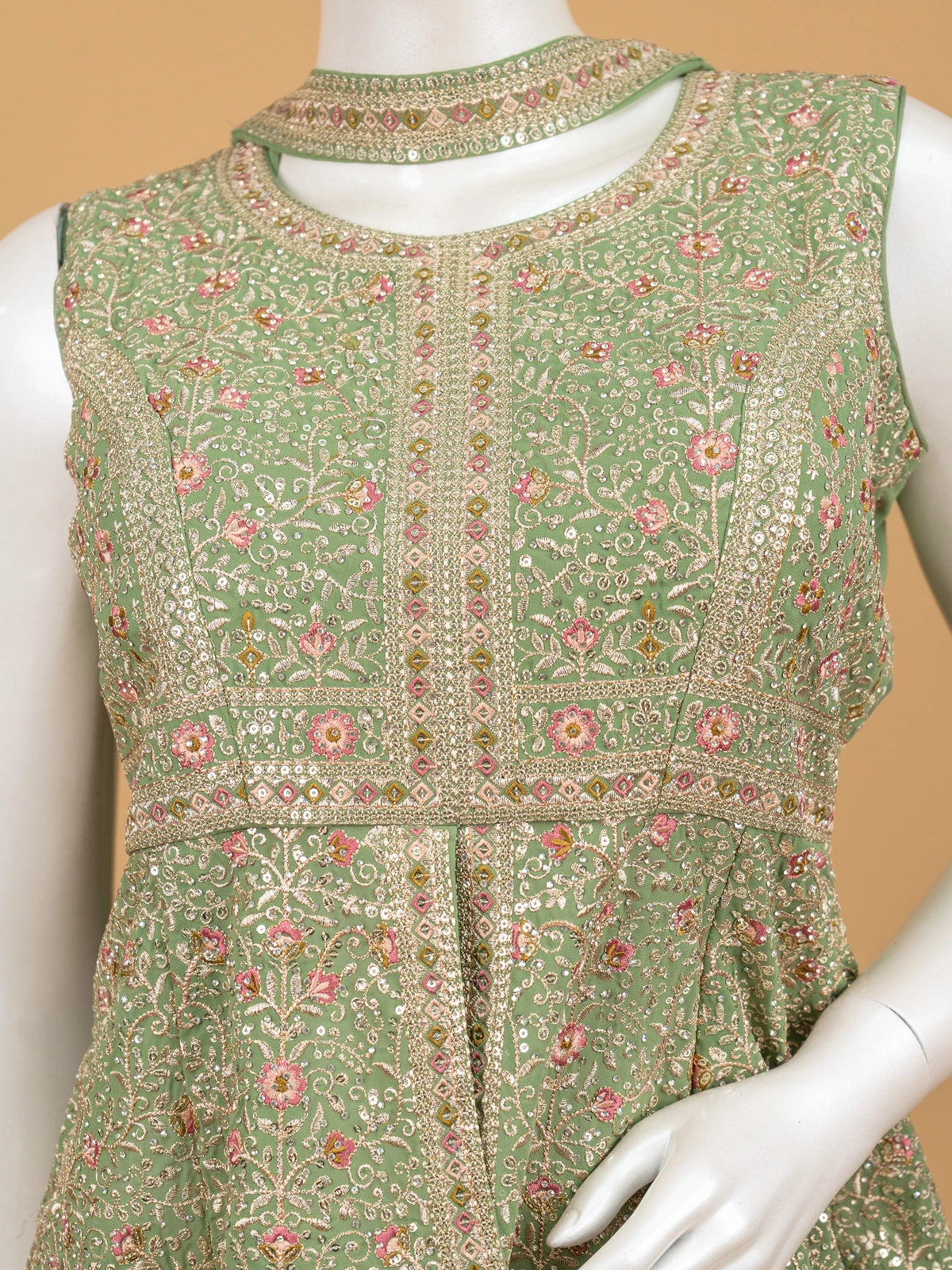 Sage Green floral embroidered sequin straight cut kurti set with dupatta