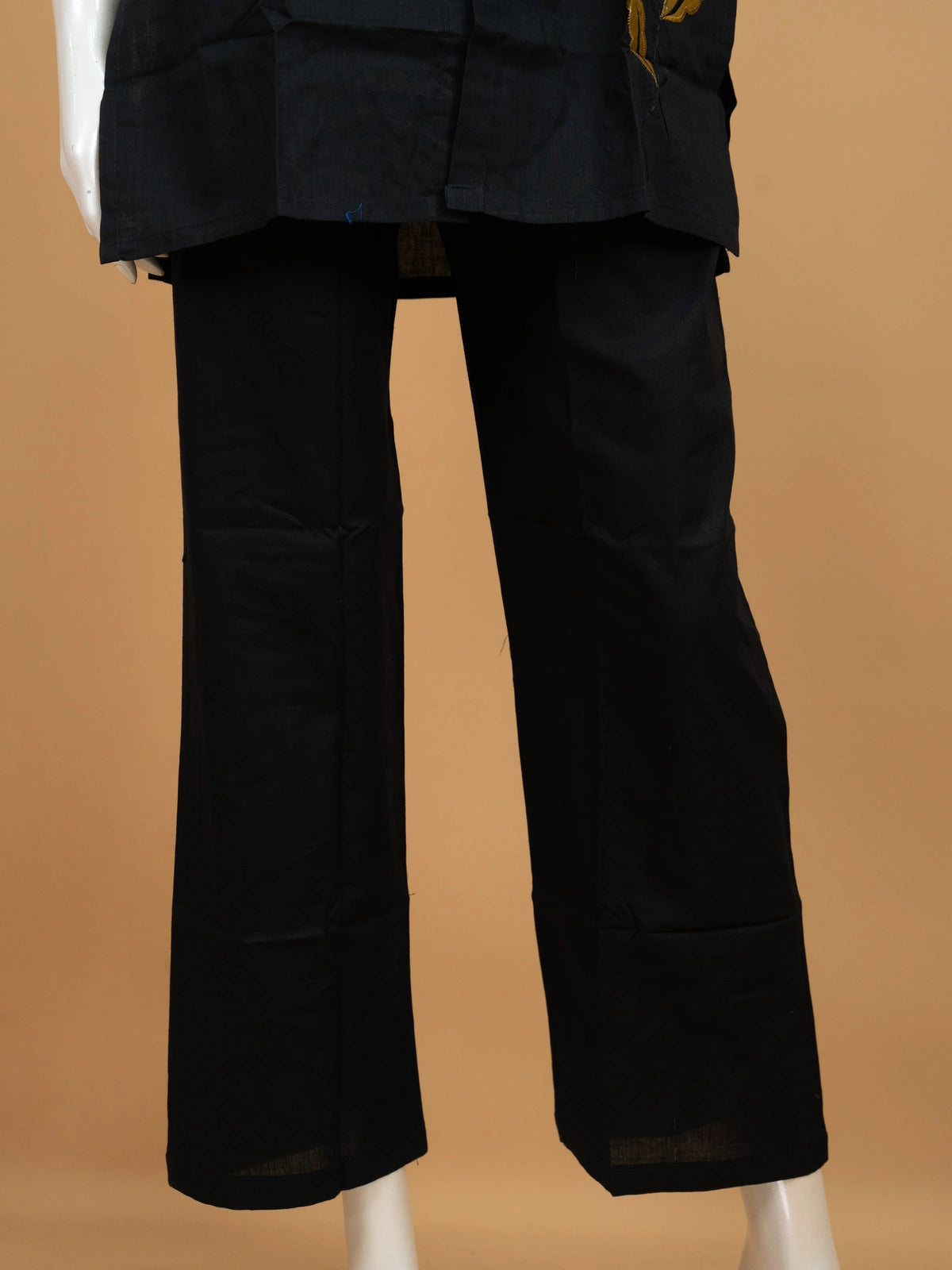 Black cotton co-ord set with mustard floral appliqué kurti and straight pants
