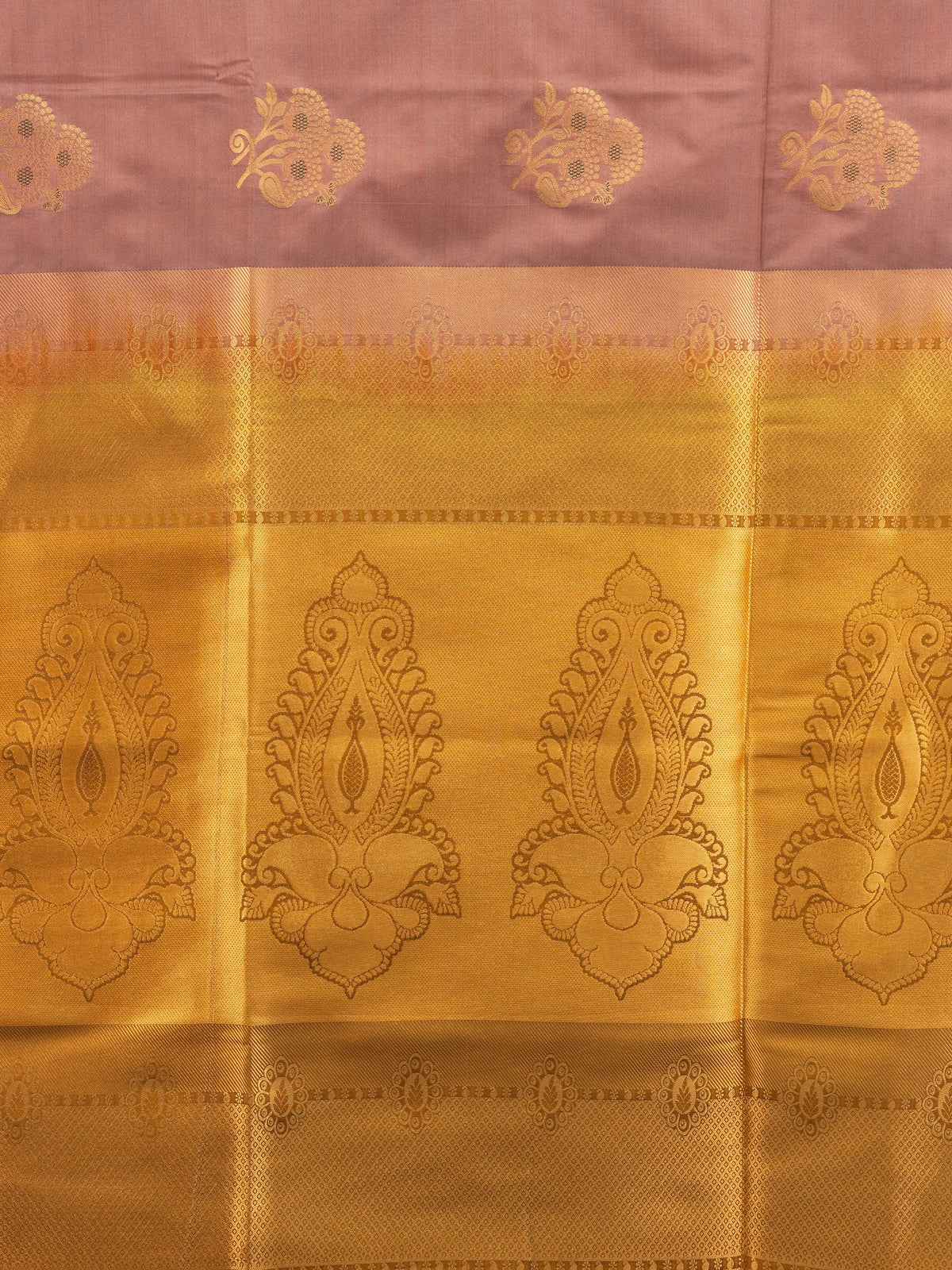 Dusty rose-brown semi silk saree with mustard-gold zari border and paisley pallu