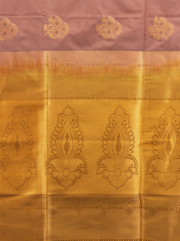 Dusty rose-brown semi silk saree with mustard-gold zari border and paisley pallu
