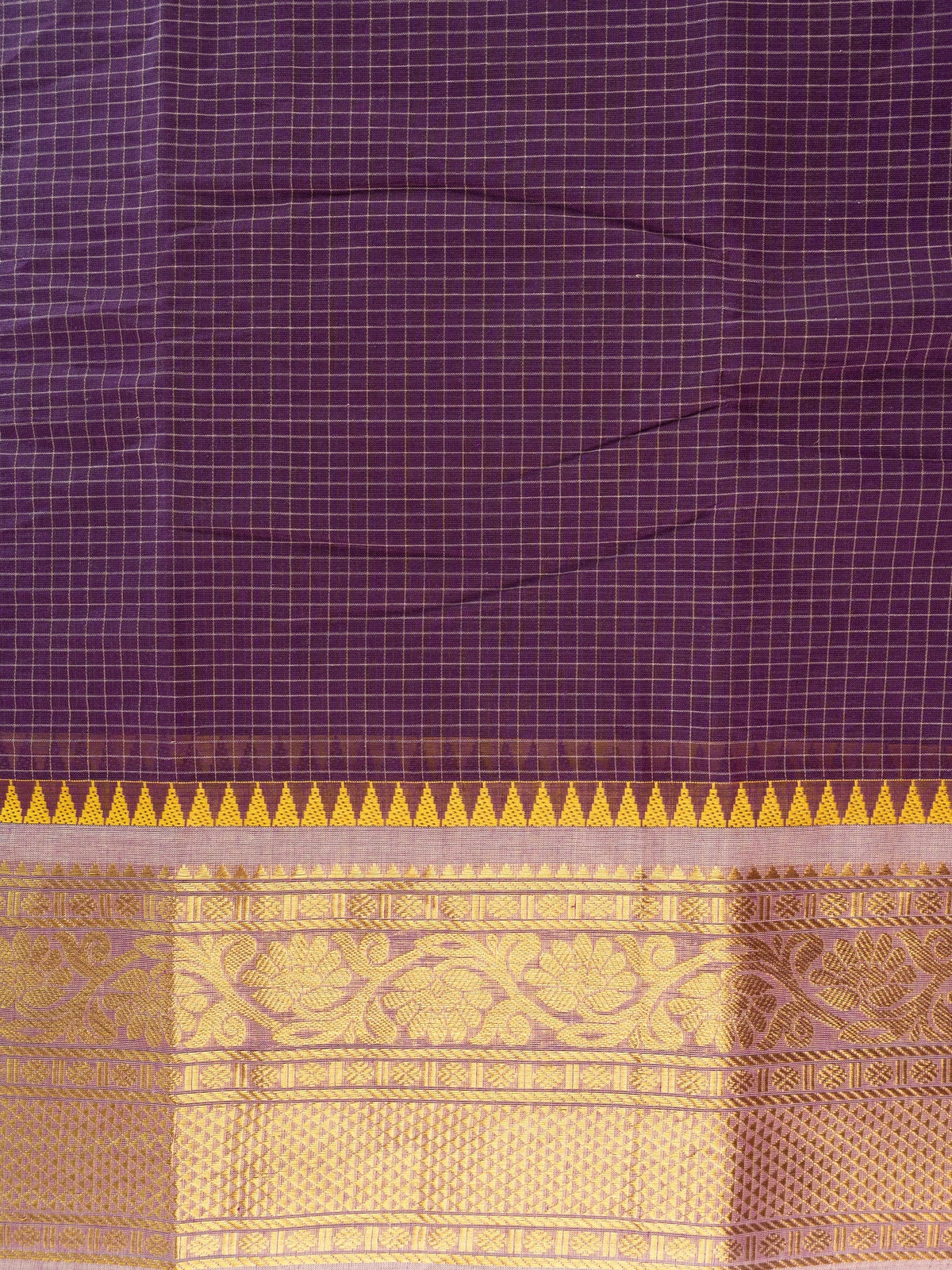 Purple Chettinad cotton saree with gold checked body and temple zari border
