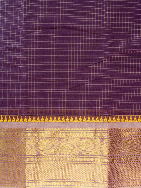 Purple Chettinad cotton saree with gold checked body and temple zari border