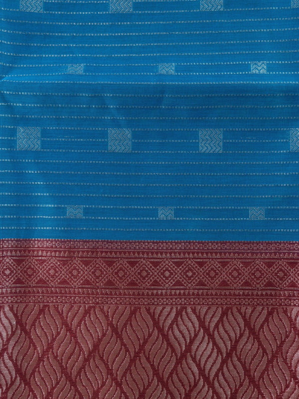 Peacock blue silk cotton saree with silver stripes, square buttas and contrast maroon zari border and pallu