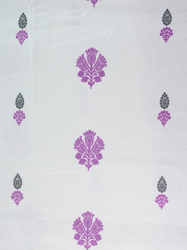 Cream Dola silk saree with purple floral buttas, gold zari contrast border and patterned purple pallu
