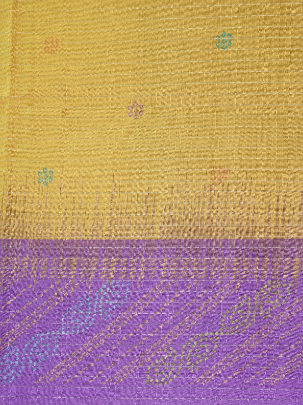 Mustard yellow Dola silk saree with purple contrast border, zari checks and woven pallu