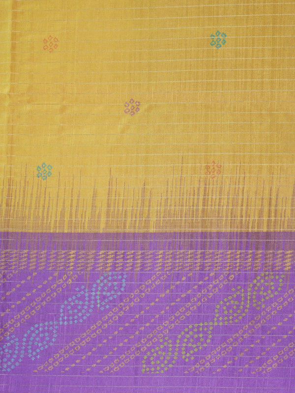 Mustard yellow Dola silk saree with purple contrast border, zari checks and woven pallu