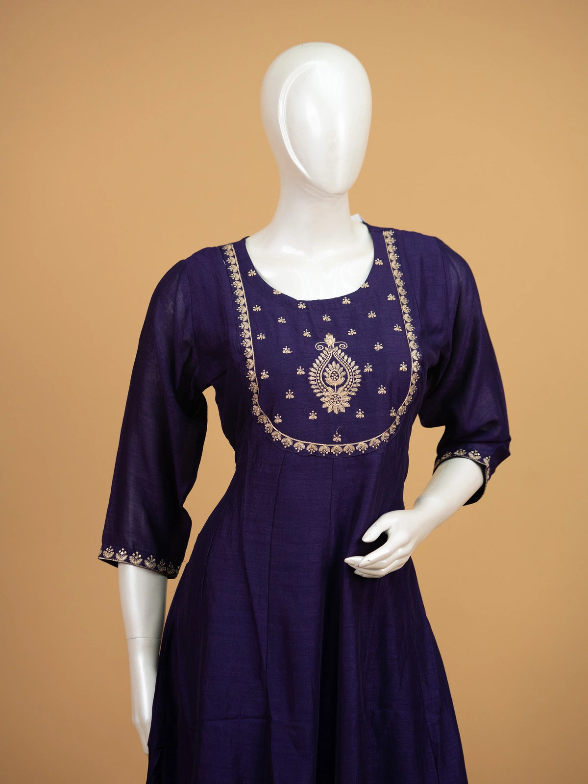 Purple cotton silk zari embroidered Anarkali kurti set with pants and dupatta