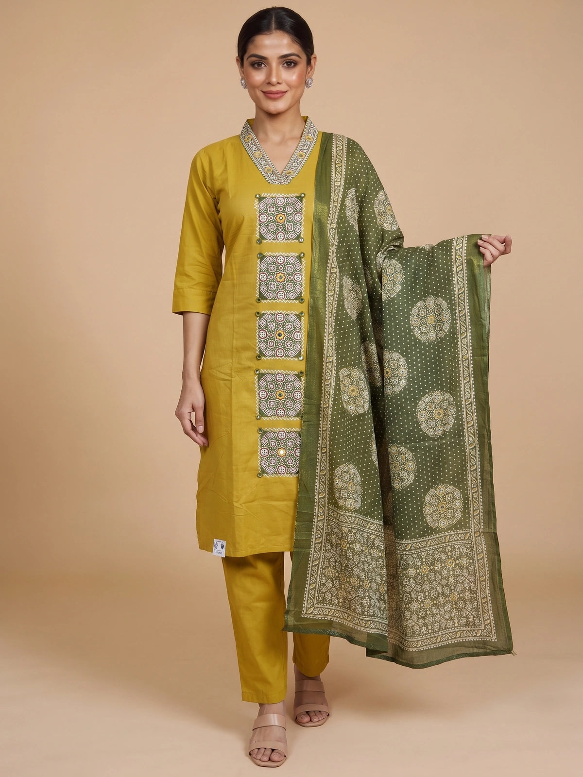 Mustard yellow cotton kurti set with mirror work embroidery and olive green printed dupatta