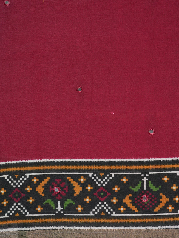 Maroon Dola silk saree with black patola-style border, multicolour pallu and mirror work