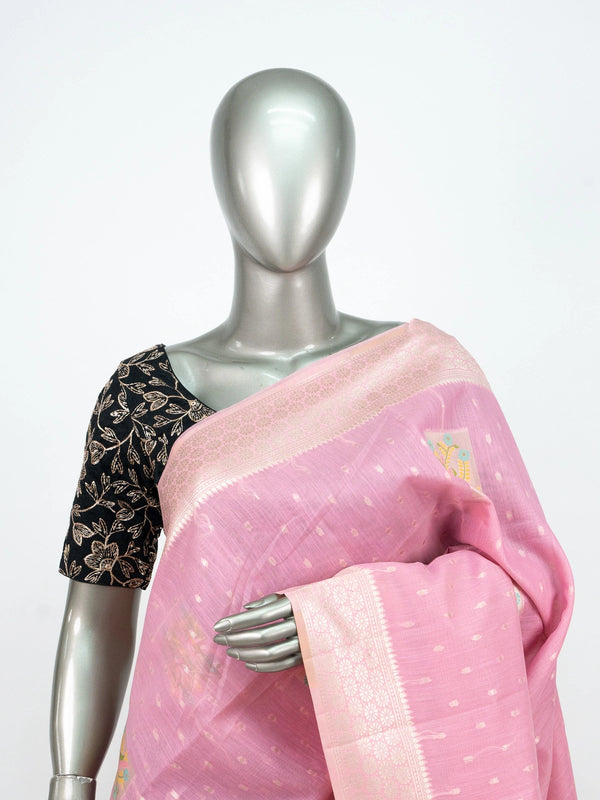 Pink linen cotton saree with silver zari border, buti weave and floral butta motifs