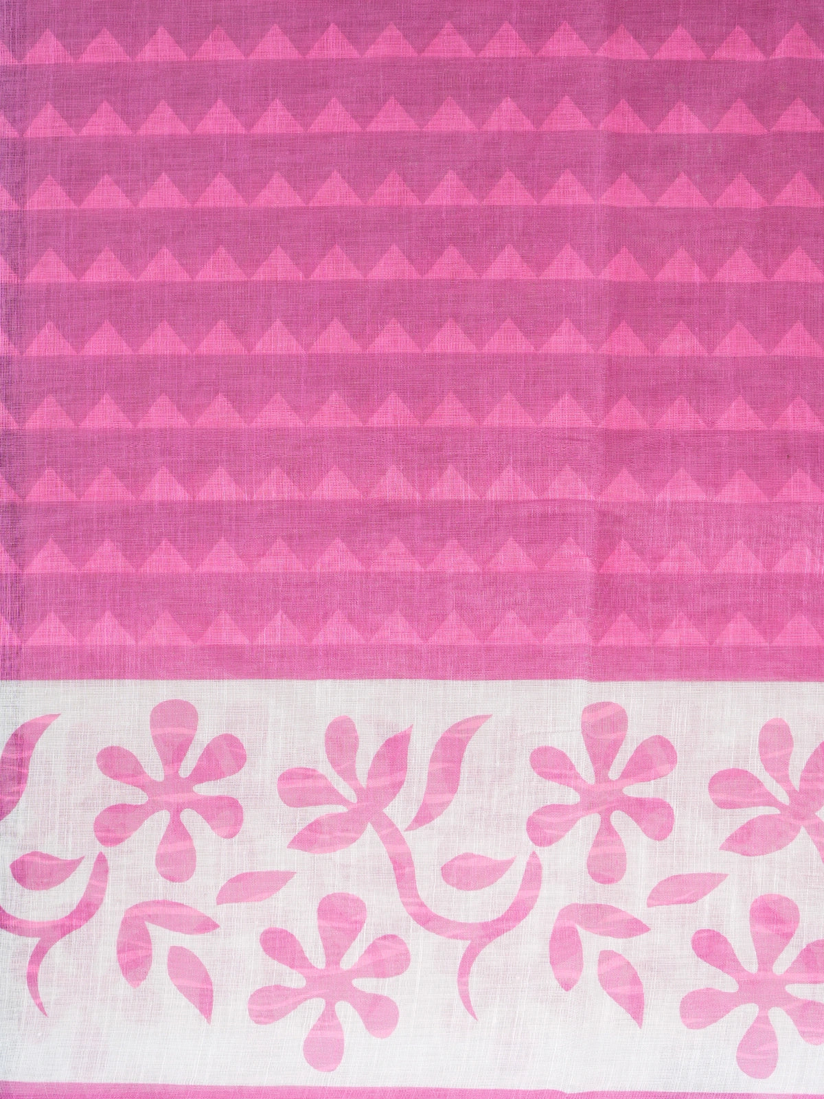 Pink and white linen cotton saree with floral print pallu and gold zari border