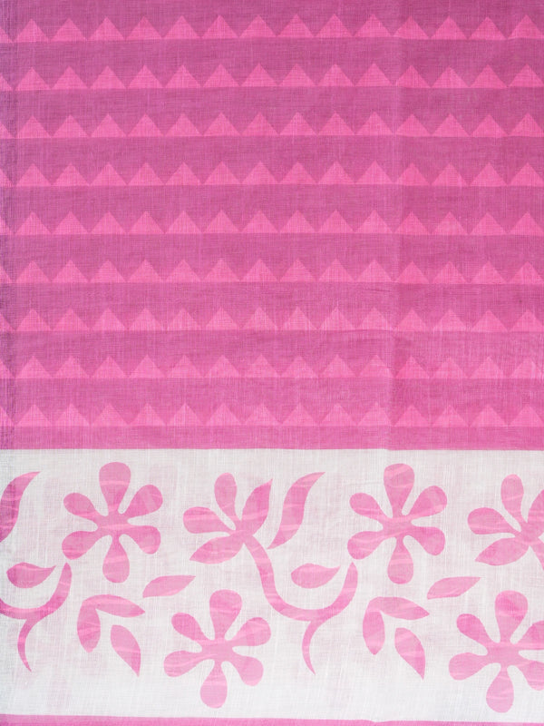 Pink and white linen cotton saree with floral print pallu and gold zari border