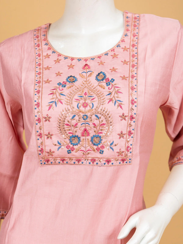 Rose pink floral embroidered Chanderi silk Anarkali kurti top with multicolour yoke embroidery