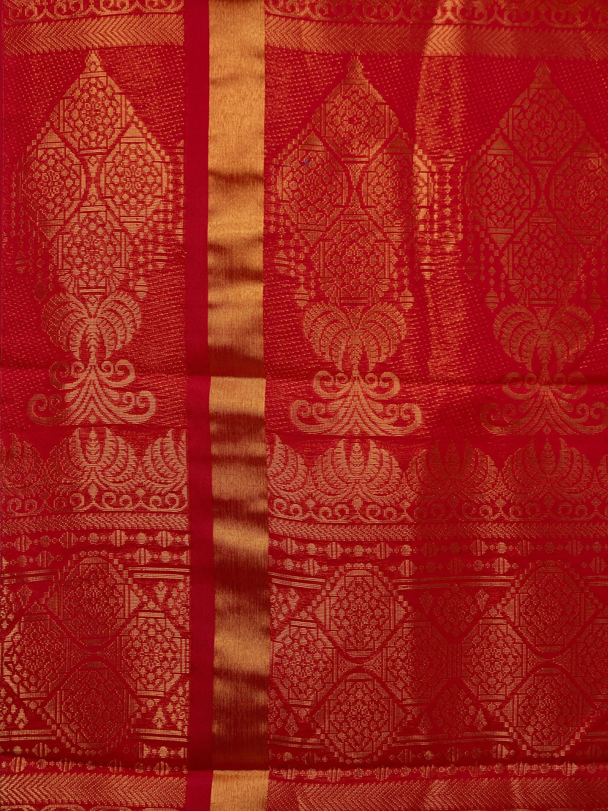 Orange silk cotton saree with contrast red gold zari pallu and border