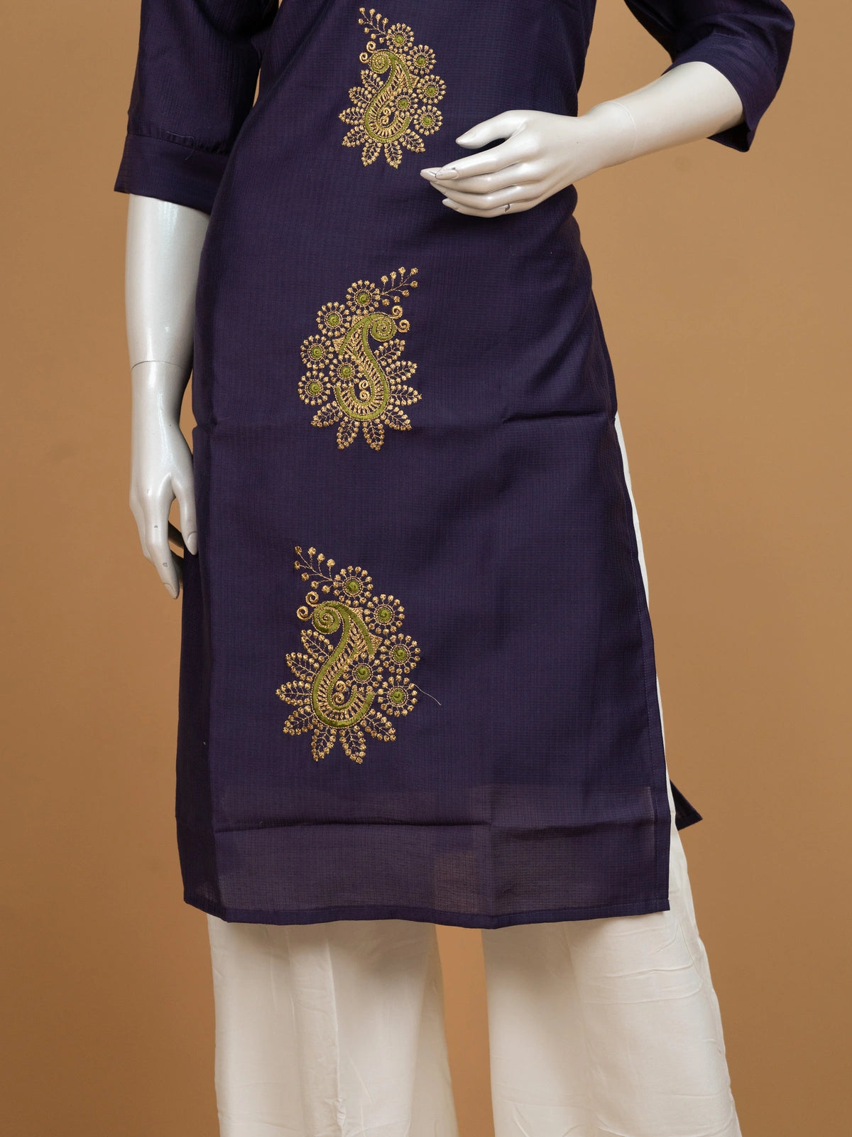 Purple paisley embroidered cotton straight cut kurti top with gold and green zari work