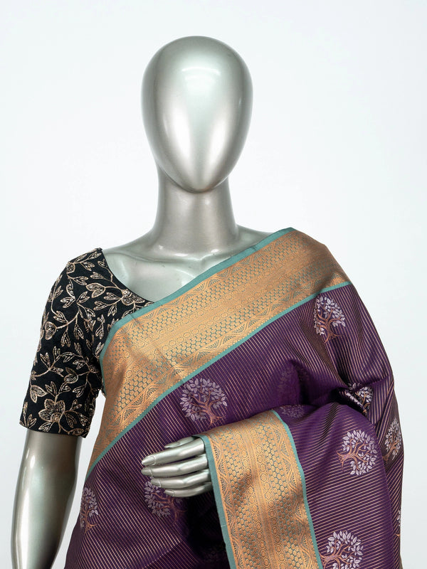 Purple and teal Vaira Oosi Design semi silk saree with fine needle-line weave, gold zari tree motifs and contrast brocade pallu