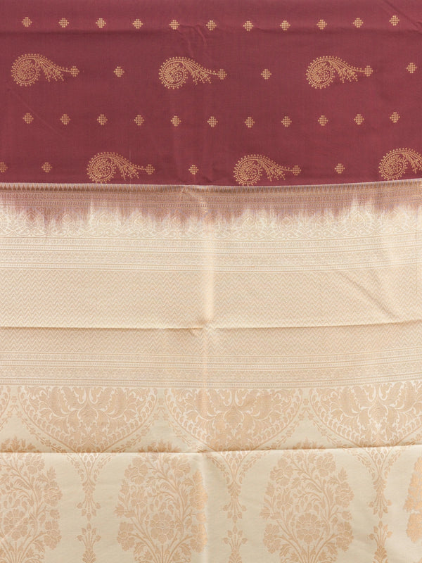 Maroon semi silk saree with gold zari paisley butis and contrast cream zari border