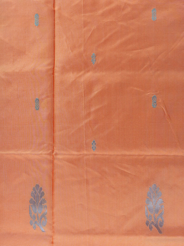Peach orange banana silk saree with silver buttas and a contrast grey striped pallu