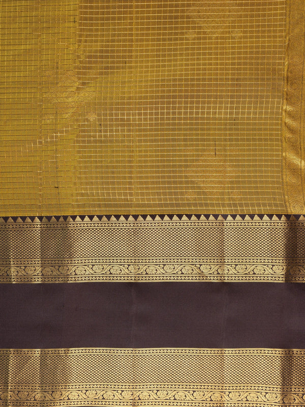 Mehndi green pure Kanchipuram silk saree with dark brown gold zari border and brocade pallu
