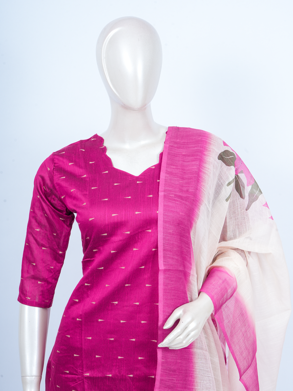 Rani pink art silk kurti set with gold butis, beige pants and cream floral print dupatta