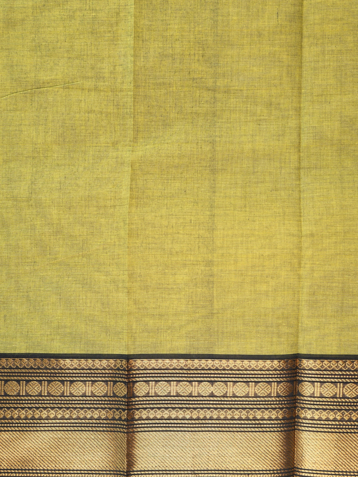Mehndi green Chettinad cotton saree with black and gold zari border and striped yellow pallu