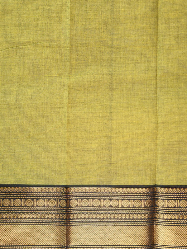 Mehndi green Chettinad cotton saree with black and gold zari border and striped yellow pallu