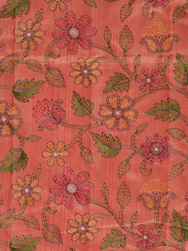 Coral art silk designer saree with multicolour allover floral embroidery and paisley border
