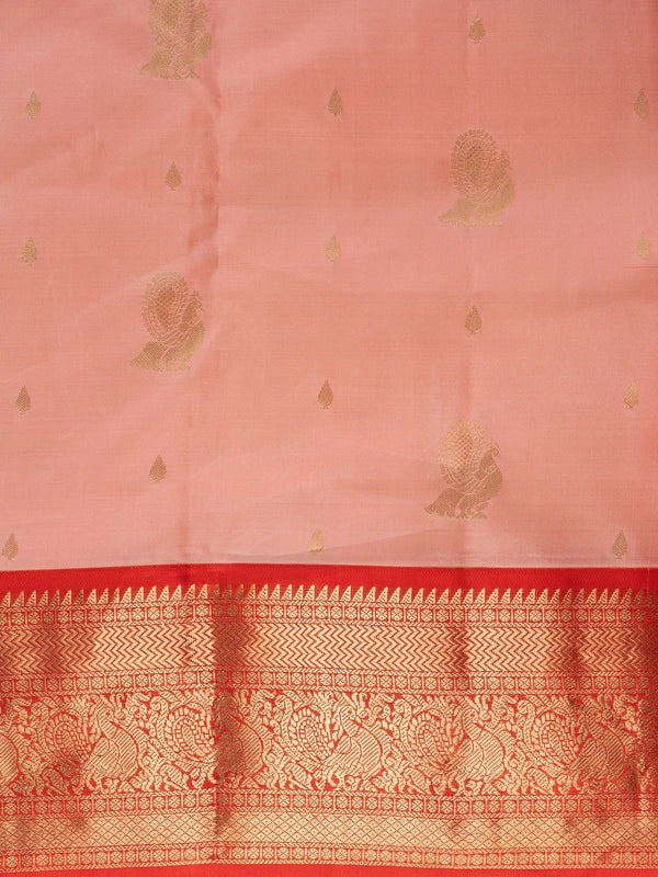 Peach pure Kanchipuram silk saree with contrast red gold zari border and peacock pallu