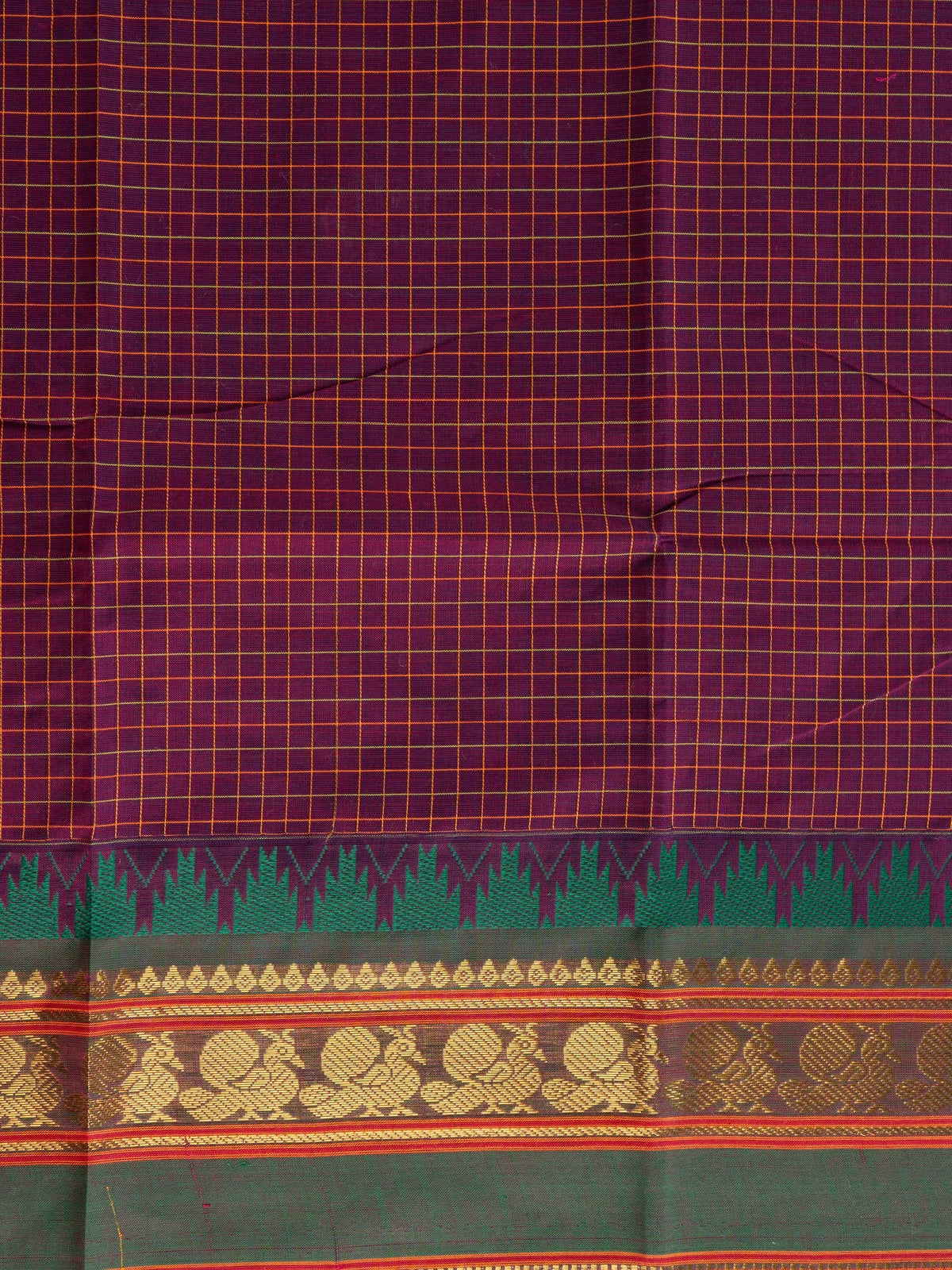 Maroon and blue Chettinad cotton saree with gold check body, contrast green zari border and striped blue pallu