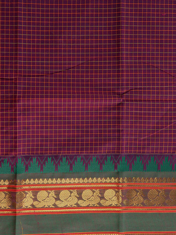 Maroon and blue Chettinad cotton saree with gold check body, contrast green zari border and striped blue pallu