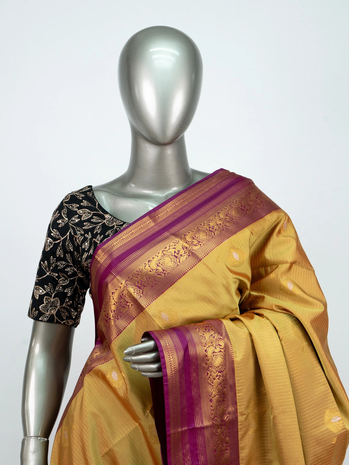 Mustard gold soft silk saree with contrast magenta-purple gold zari border and pallu