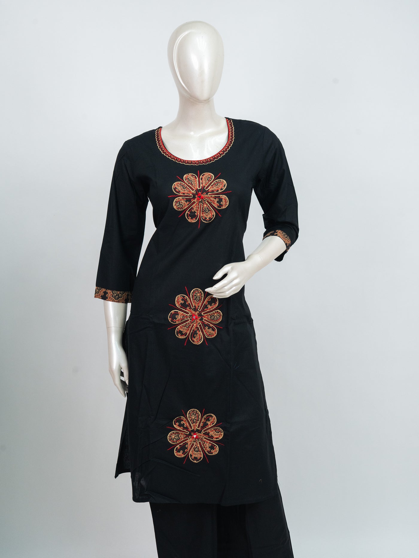Black with Beige and Red Dupatta Ready Made Straight Cut Kurti Set