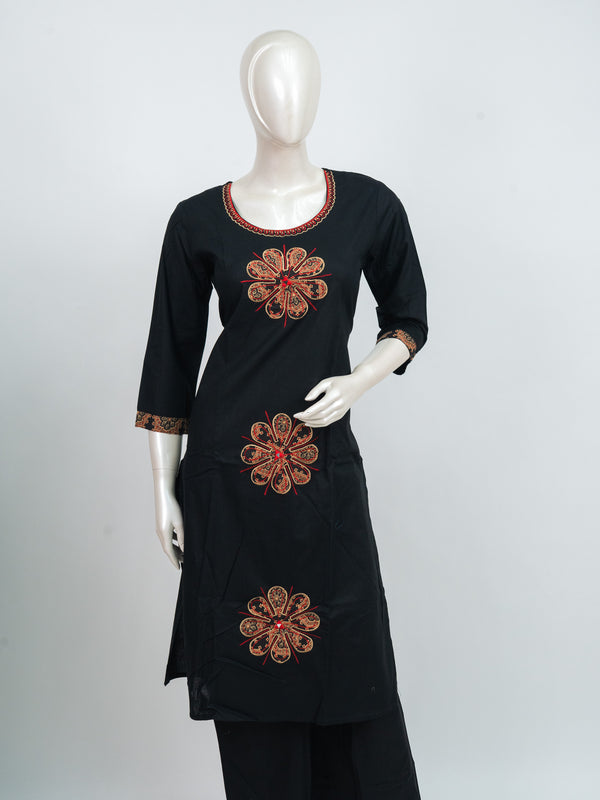 Black with Beige and Red Dupatta Ready Made Straight Cut Kurti Set