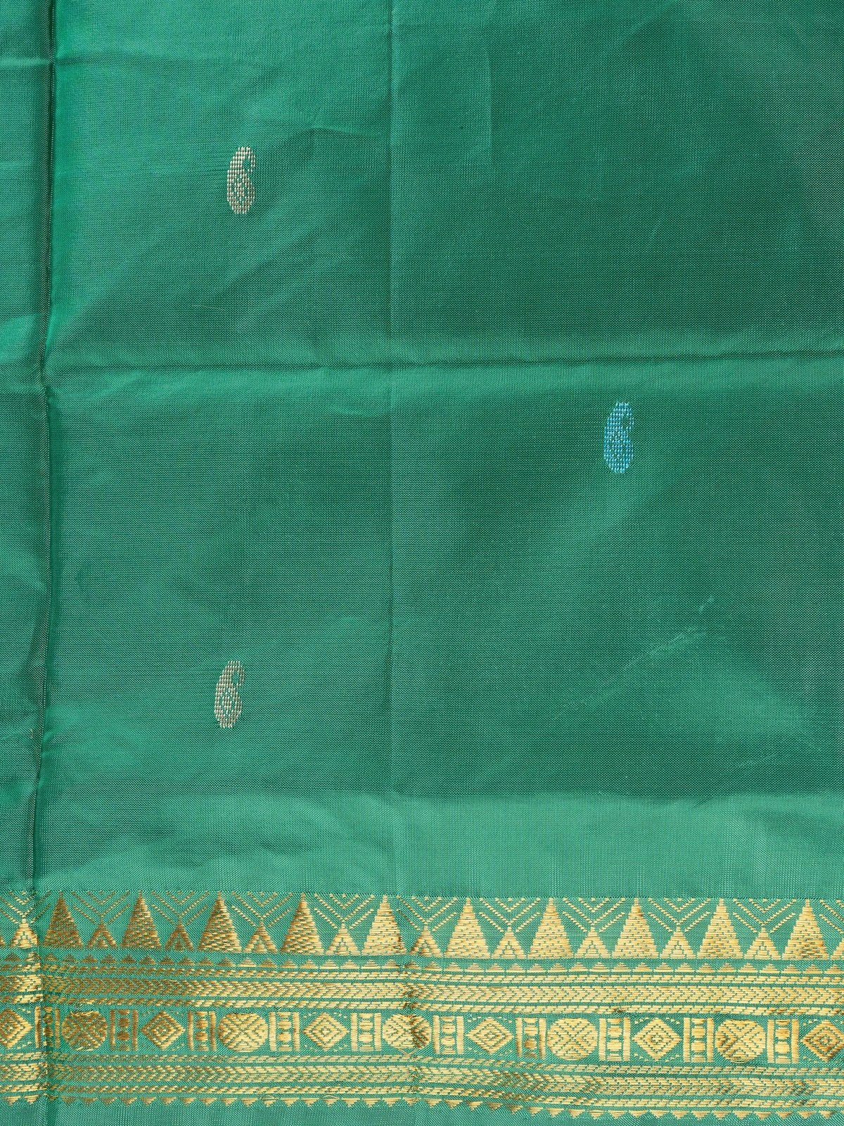 Green Banana Silk saree with gold temple zari border, paisley buttas and contrasting cream pallu