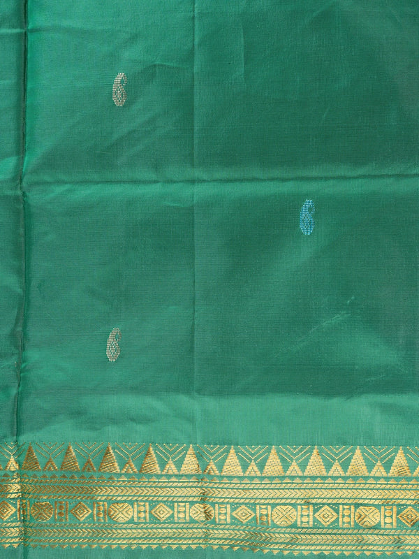 Green Banana Silk saree with gold temple zari border, paisley buttas and contrasting cream pallu