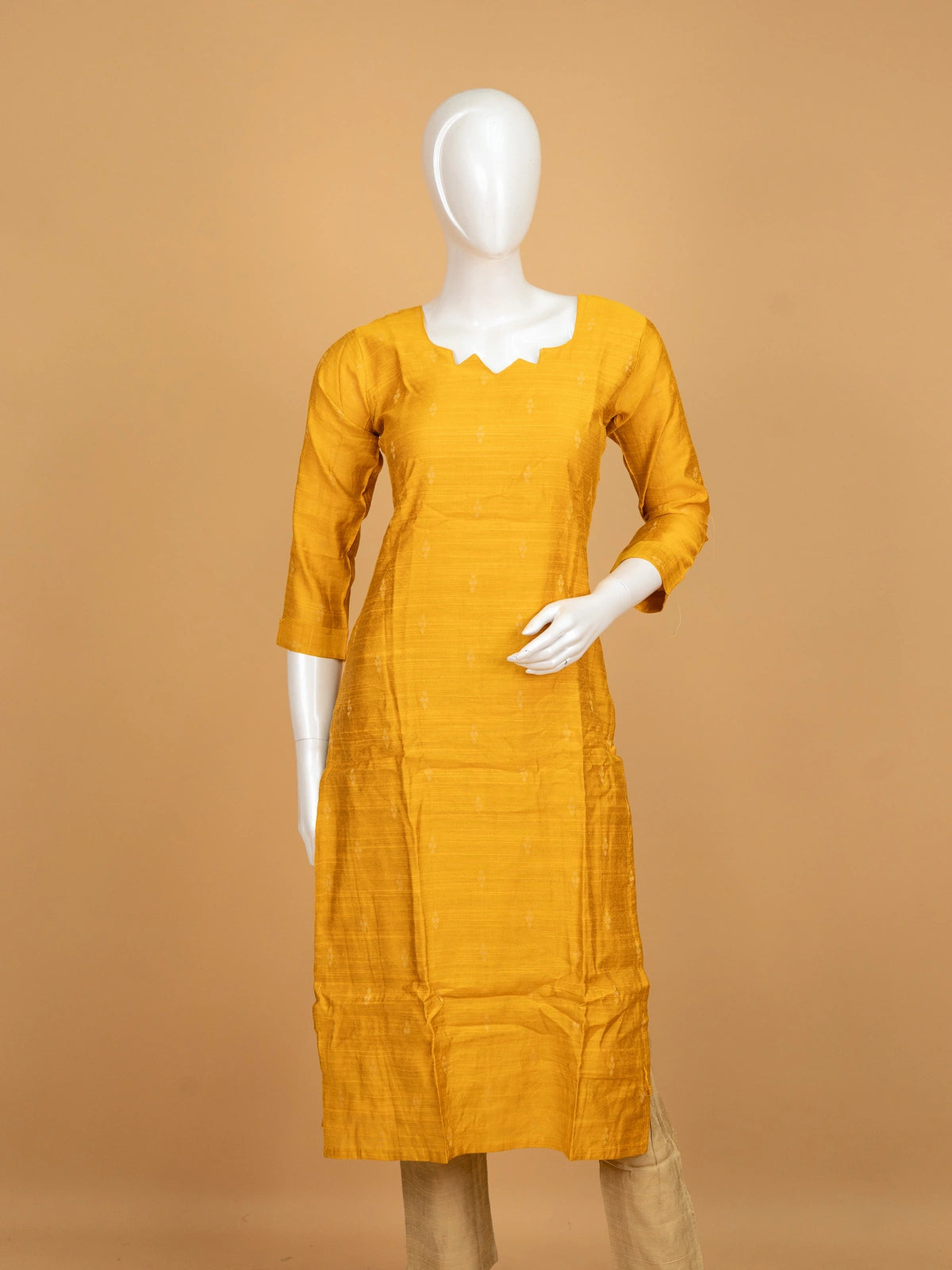 Mustard Yellow woven silk straight cut kurti set with gold zari border dupatta and beige pants