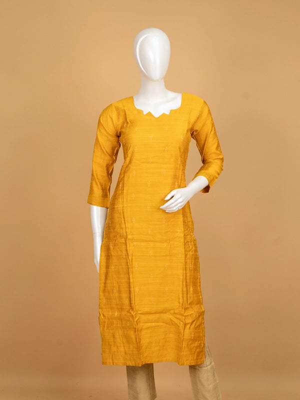 Mustard Yellow woven silk straight cut kurti set with gold zari border dupatta and beige pants