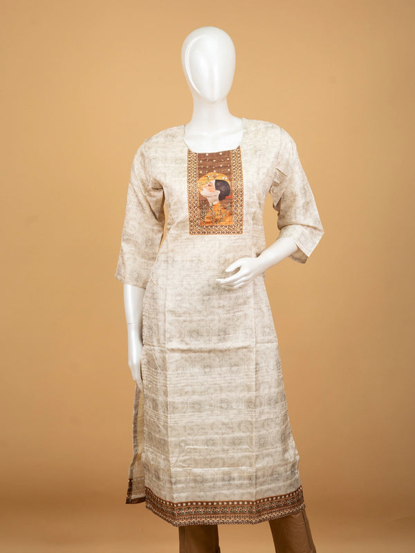 Beige tussar silk straight cut kurti set with artistic printed yoke and contrasting brown embroidered dupatta
