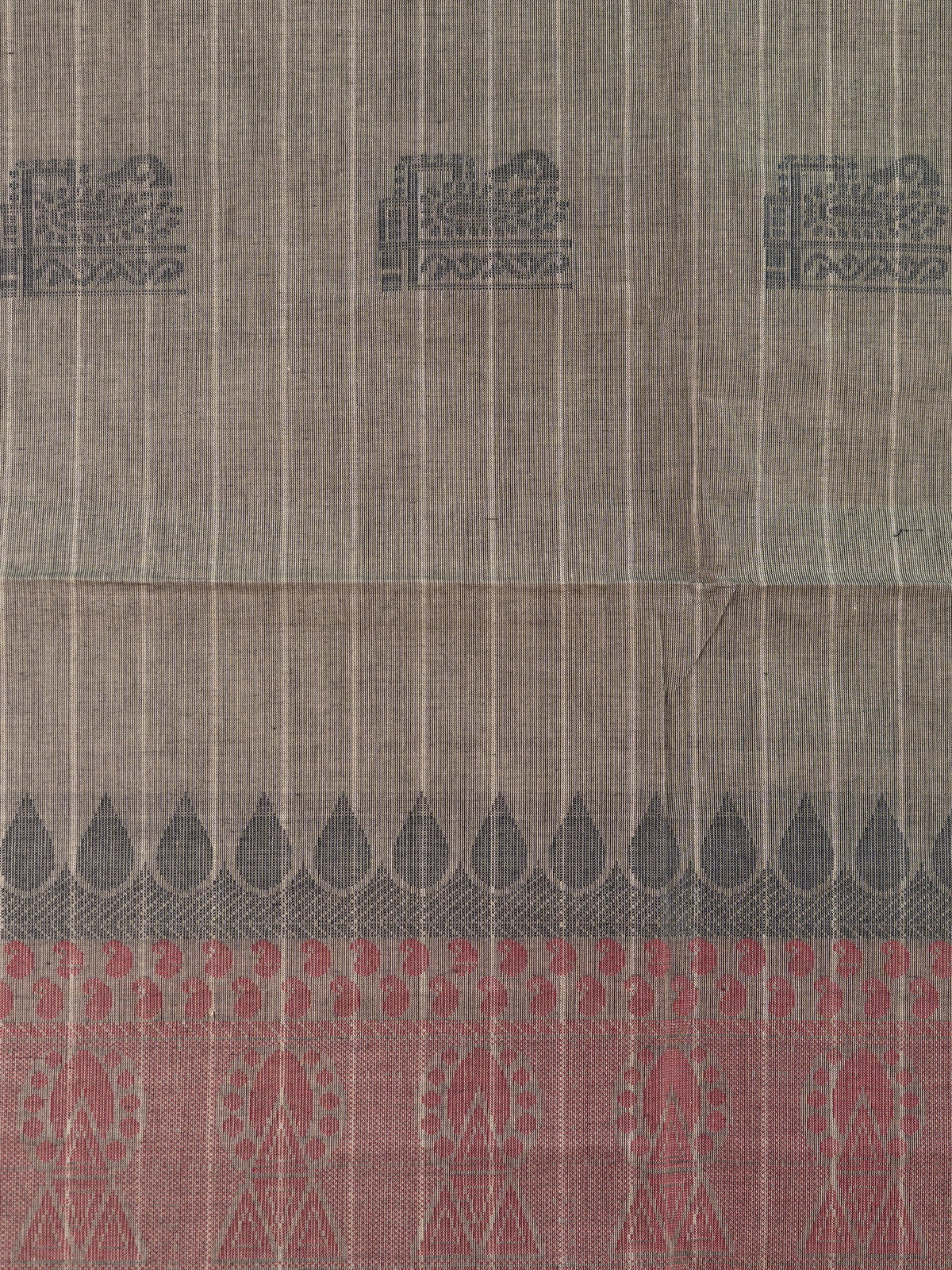 Grey and brown semi raw silk saree with striped body, woven buttas, and contrast temple-motif border