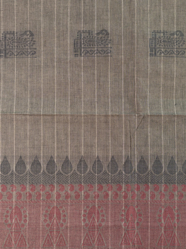 Grey and brown semi raw silk saree with striped body, woven buttas, and contrast temple-motif border