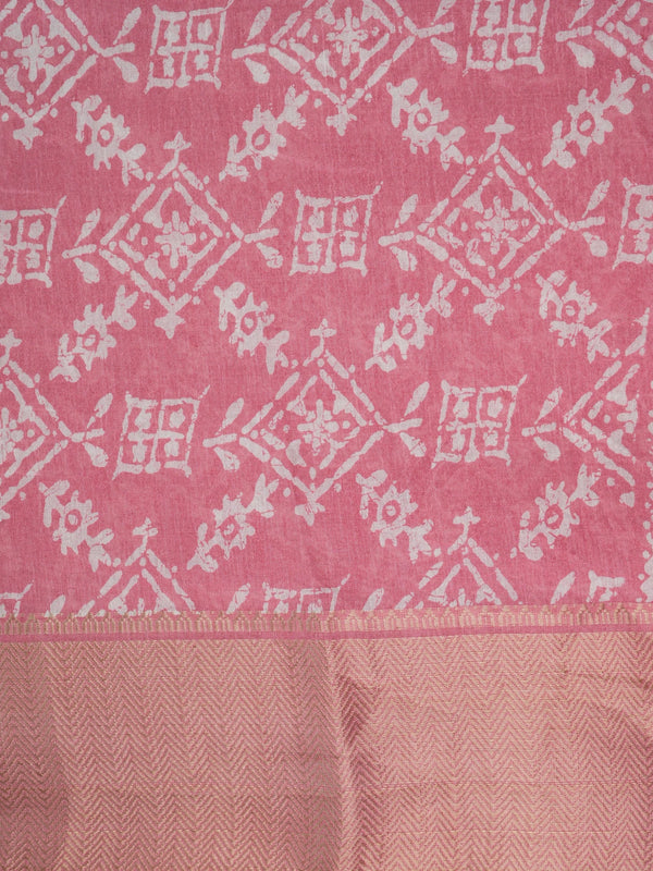Pink and white batik-print designer cotton saree with gold zari border