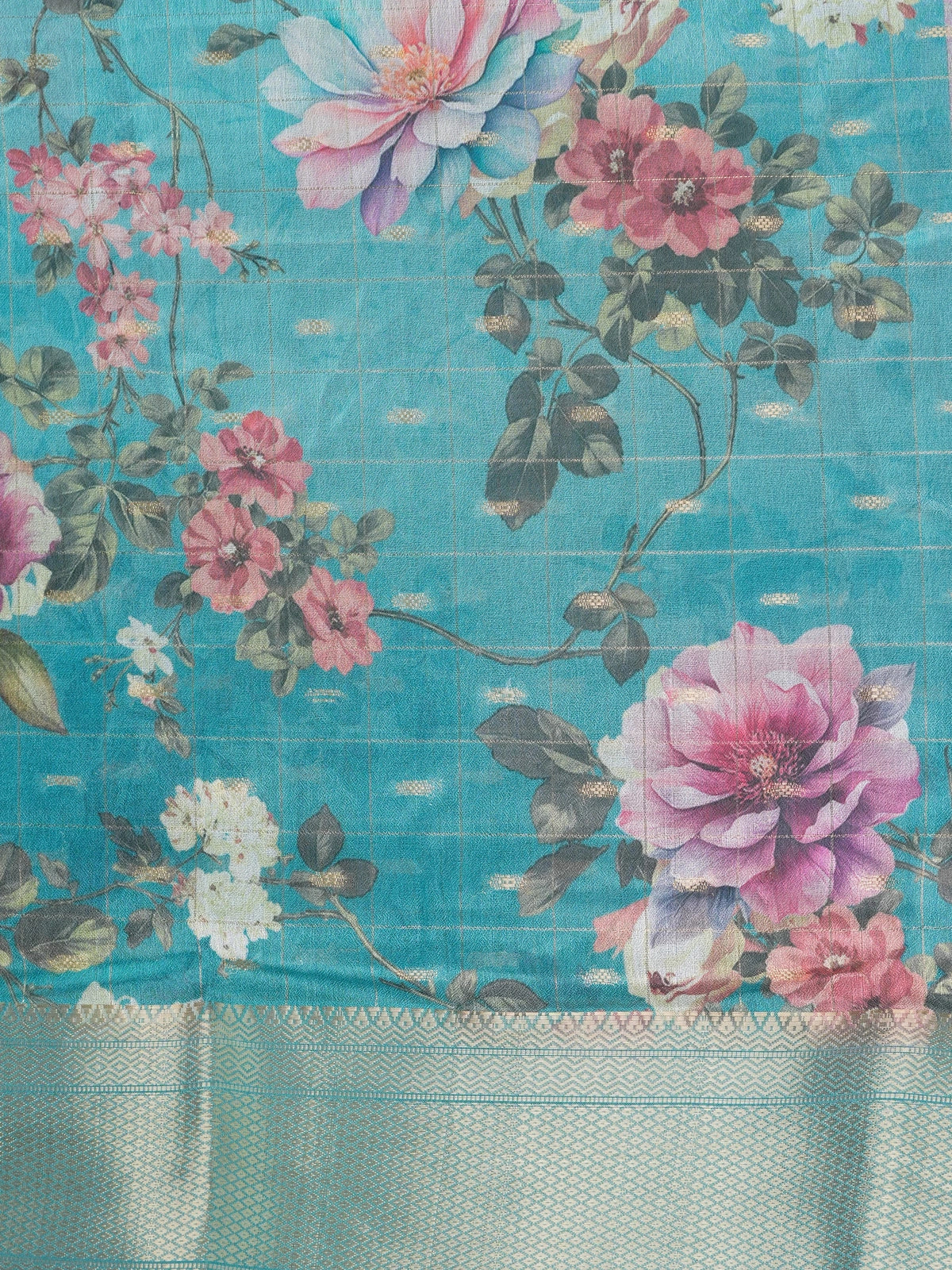 Turquoise blue floral designer saree with gold zari checks and contrast gold border