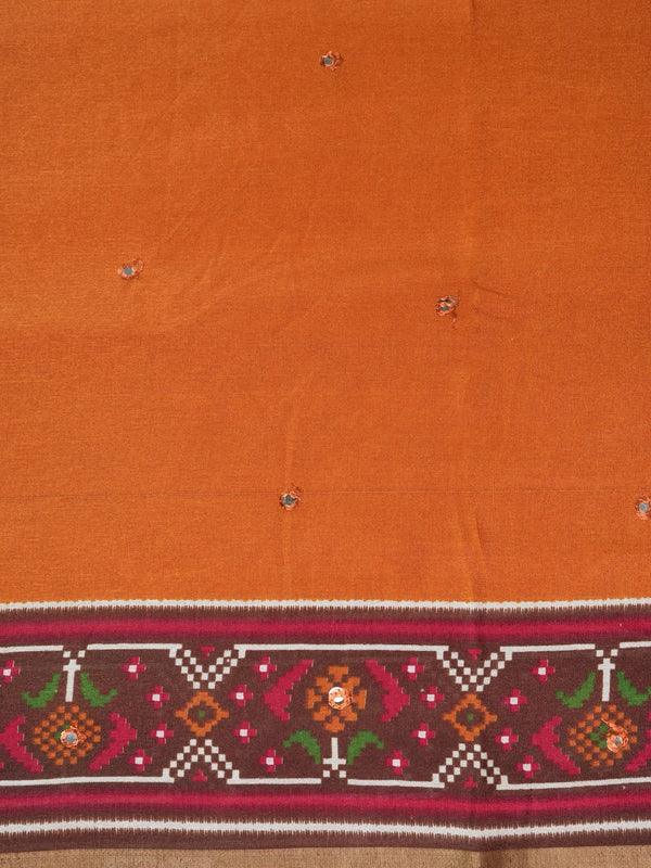 Rust orange linen cotton saree with patola-print brown border, mirror-work buttis and contrast blouse