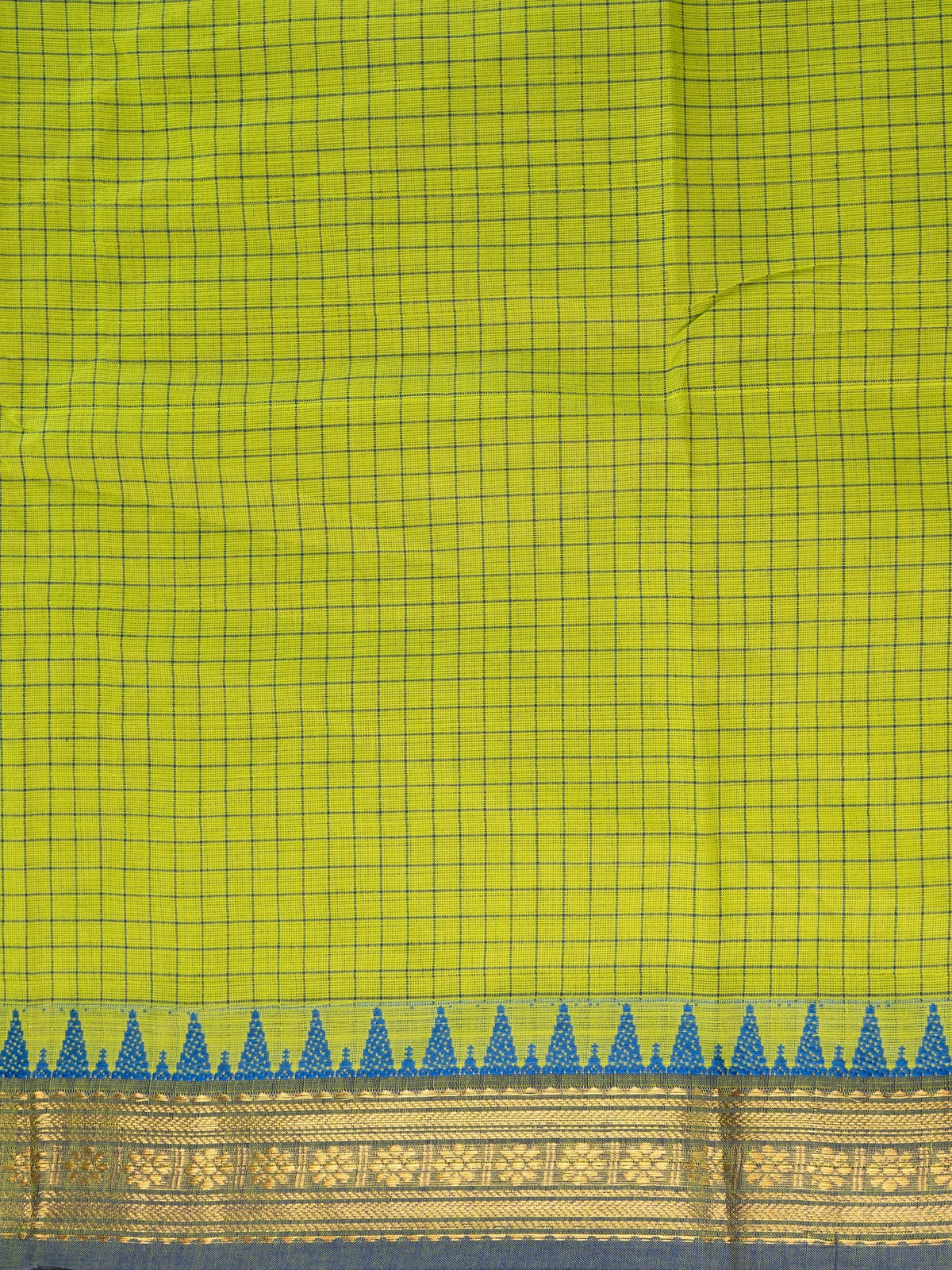 Parrot green Chettinad cotton saree with blue checked body and contrast blue temple zari border